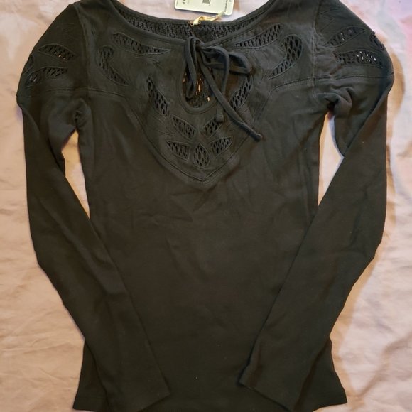 NWT Free People With Love Crochet Tee Thermal Tie Neck Bodycon Black Top - Picture 5 of 5